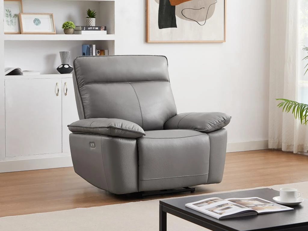 Fauteuil Relax électrique En Cuir De Vachette Gris NOVENA 3 Fauteuil Relax électrique En Cuir De Vachette Gris NOVENA