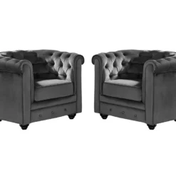 Lot De 2 Fauteuils CHESTERFIELD - Velours Anthracite