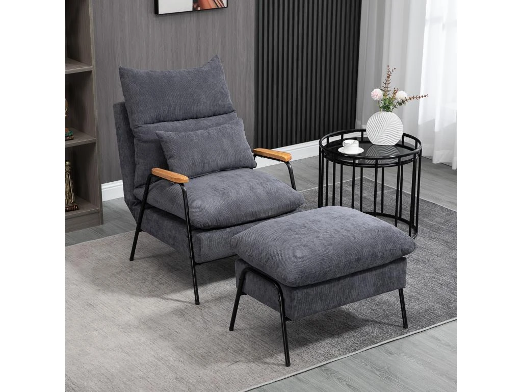 Fauteuil Lounge Style Néo-rétro Avec Repose-pied - Dossier Inclinable - Structure Acier Noir Accoudoirs Bois Hévéa Revêtement Velours Cotelé Gris 3 Fauteuil Lounge Style Néo-rétro Avec Repose-pied - Dossier Inclinable - Structure Acier Noir Accoudoirs Bois Hévéa Revêtement Velours Cotelé Gris