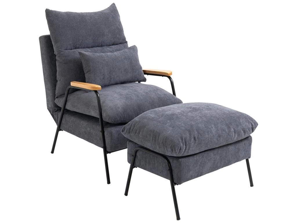 Fauteuil Lounge Style Néo-rétro Avec Repose-pied - Dossier Inclinable - Structure Acier Noir Accoudoirs Bois Hévéa Revêtement Velours Cotelé Gris 4 Fauteuil Lounge Style Néo-rétro Avec Repose-pied - Dossier Inclinable - Structure Acier Noir Accoudoirs Bois Hévéa Revêtement Velours Cotelé Gris – Image 2