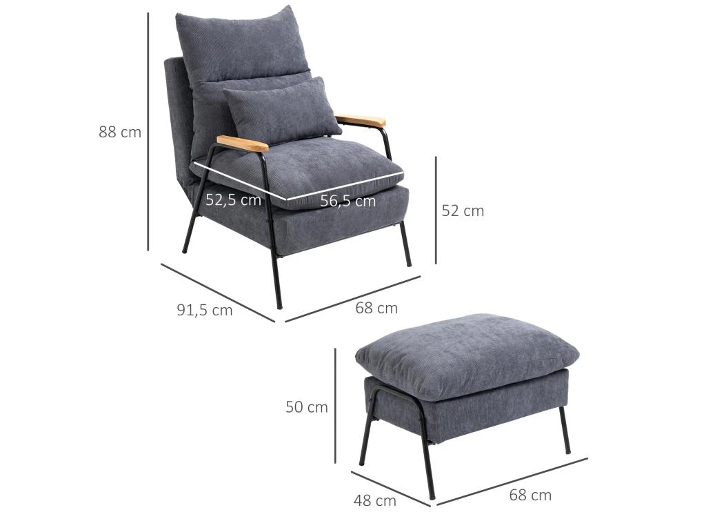 Fauteuil Lounge Style Néo-rétro Avec Repose-pied - Dossier Inclinable - Structure Acier Noir Accoudoirs Bois Hévéa Revêtement Velours Cotelé Gris 5 Fauteuil Lounge Style Néo-rétro Avec Repose-pied - Dossier Inclinable - Structure Acier Noir Accoudoirs Bois Hévéa Revêtement Velours Cotelé Gris – Image 3