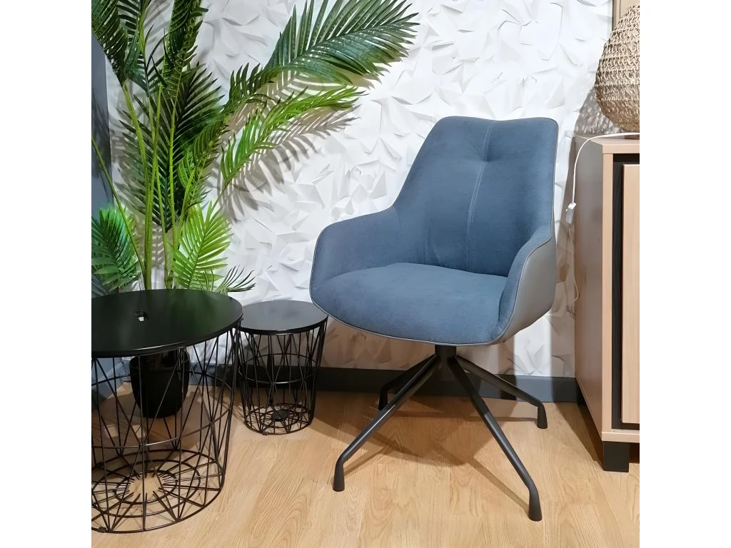 Fauteuil Rotatif Tissu Bleu Chiné Et Simili Gris - ELLA 4 Fauteuil Rotatif Tissu Bleu Chiné Et Simili Gris - ELLA – Image 2