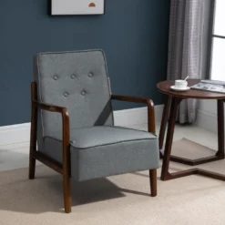 Fauteuil Lounge Style Néo-rétro Structure Acier Noir Accoudoirs Bois Hévéa Revêtement Tissu Aspect Lin Gris