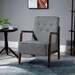 Fauteuil Lounge Style Néo-rétro Structure Acier Noir Accoudoirs Bois Hévéa Revêtement Tissu Aspect Lin Gris -Promos Fauteora Magasin fauteuil 11254823