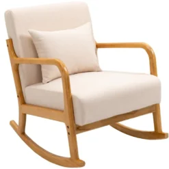 Rocking Chair En Bois Massif Et Tissu Beige
