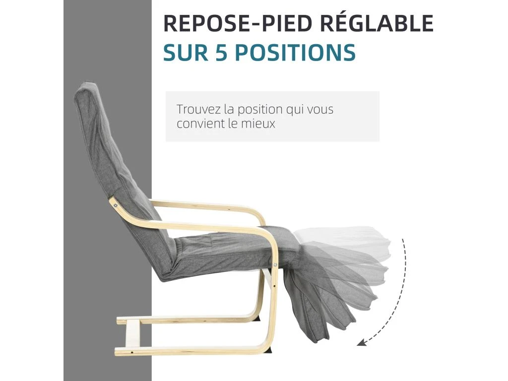 Fauteuil Style Nordique - Repose-pied Réglable - Déhoussable - Bois De Bouleau Tissu Gris 6 Fauteuil Style Nordique - Repose-pied Réglable - Déhoussable - Bois De Bouleau Tissu Gris – Image 4