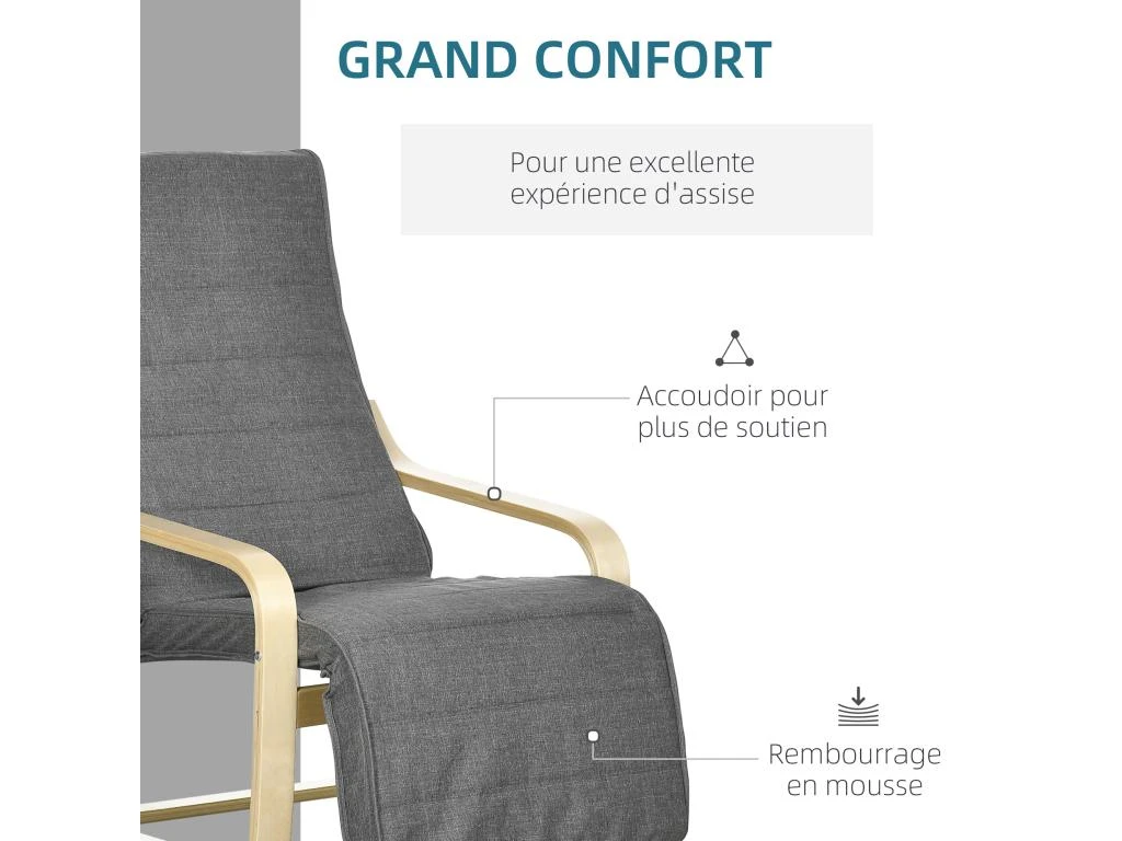 Fauteuil Style Nordique - Repose-pied Réglable - Déhoussable - Bois De Bouleau Tissu Gris 7 Fauteuil Style Nordique - Repose-pied Réglable - Déhoussable - Bois De Bouleau Tissu Gris – Image 5