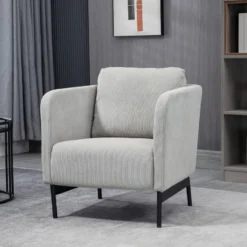 Fauteuil Lounge Style Néo-rétro Piètement Acier Noir Revêtement Velours Cotelé Gris Clair