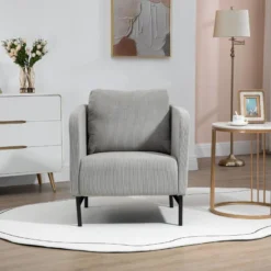 Fauteuil Lounge Style Néo-rétro Piètement Acier Noir Revêtement Velours Cotelé Gris Clair -Promos Fauteora Magasin fauteuil 12874815