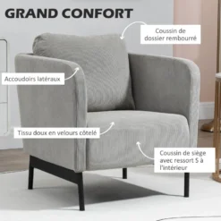 Fauteuil Lounge Style Néo-rétro Piètement Acier Noir Revêtement Velours Cotelé Gris Clair -Promos Fauteora Magasin fauteuil 12874817