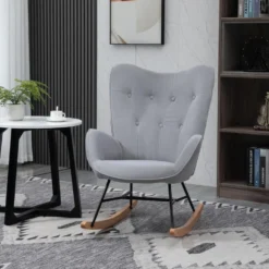 Fauteuil à Bascule Oreilles Rocking Chair Grand Confort Accoudoirs Assise Dossier Garnissage Mousse Haute Densité Aspect Velours Gris