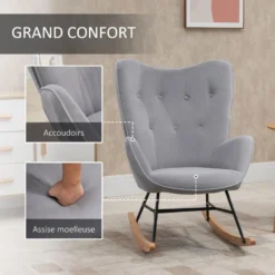 Fauteuil à Bascule Oreilles Rocking Chair Grand Confort Accoudoirs Assise Dossier Garnissage Mousse Haute Densité Aspect Velours Gris -Promos Fauteora Magasin fauteuil 13602347