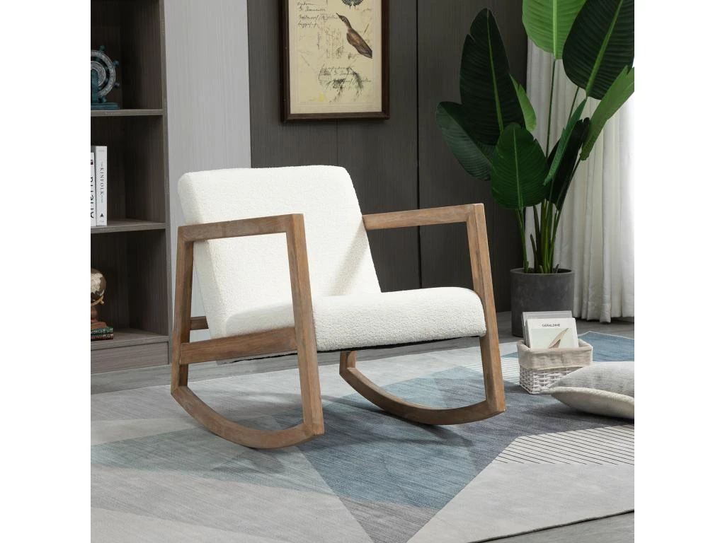 Fauteuil Lounge à Bascule - Assise Profonde, Dossier Incliné - Revêtement Effet Peau De Mouton Polyester Crème - Accoudoirs, Structure Bois Hévéa 3 Fauteuil Lounge à Bascule - Assise Profonde, Dossier Incliné - Revêtement Effet Peau De Mouton Polyester Crème - Accoudoirs, Structure Bois Hévéa