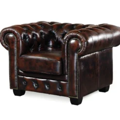 Fauteuil Chesterfield BRENTON 100% Cuir De Buffle - Marron Reflets Châtains -Promos Fauteora Magasin fauteuil 143307