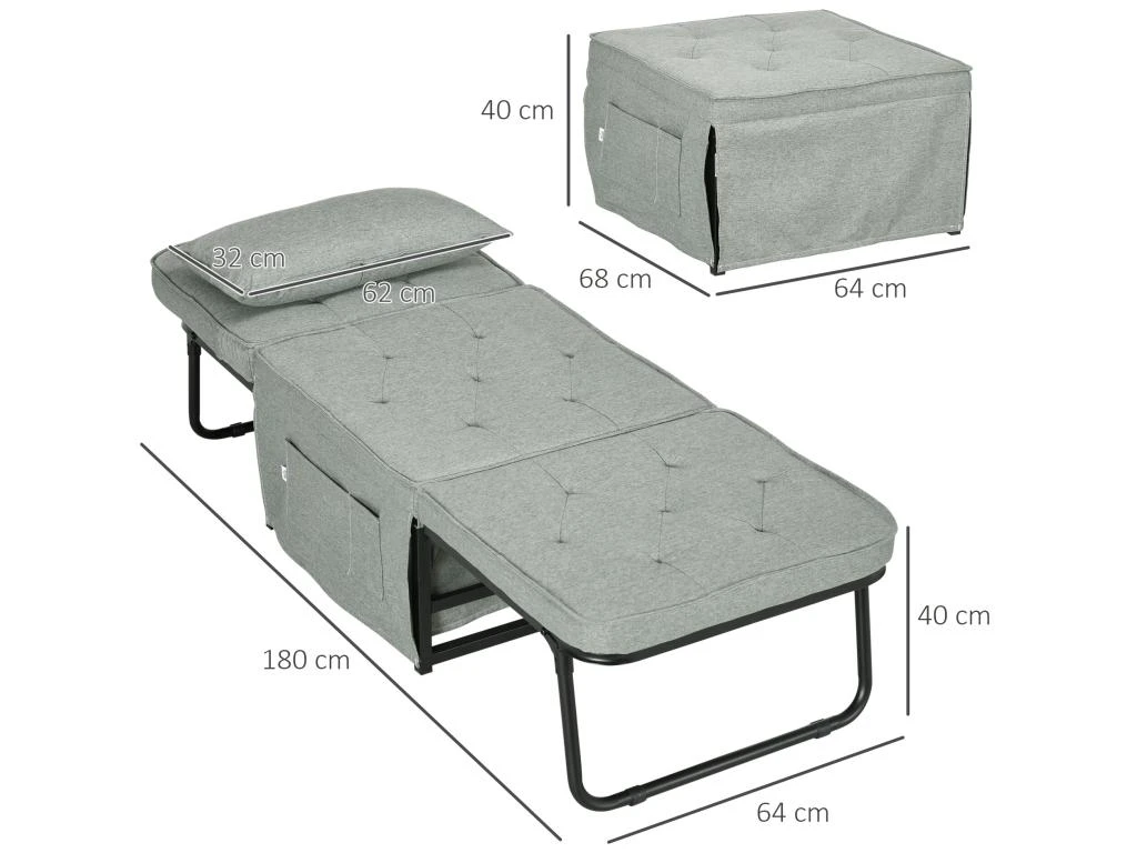 Fauteuil Chaise Longue Lit Pouf 4 En 1 Dossier Inclinable 5 Niveaux Repose-pied Rabattable Châssis Acier Noir Tissu Gris 5 Fauteuil Chaise Longue Lit Pouf 4 En 1 Dossier Inclinable 5 Niveaux Repose-pied Rabattable Châssis Acier Noir Tissu Gris – Image 3
