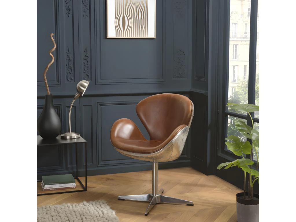 GASTON - Fauteuil Marron NEVADA Vintage Cuir Pied Aluminium 3 GASTON - Fauteuil Marron NEVADA Vintage Cuir Pied Aluminium