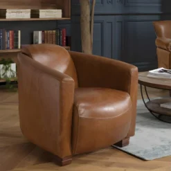 GASTON - Fauteuil Marron CHICAGO Vintage Cuir Pieds Bois -Promos Fauteora Magasin fauteuil 14650703