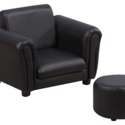 Ensemble Fauteuil Et Pouf Enfant Style Contemporain Structure Bois Revêtement Synthétique PVC Noir