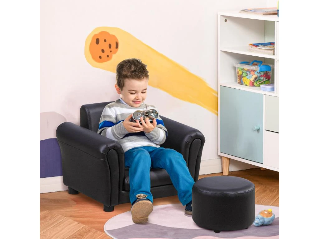 Ensemble Fauteuil Et Pouf Enfant Style Contemporain Structure Bois Revêtement Synthétique PVC Noir 4 Ensemble Fauteuil Et Pouf Enfant Style Contemporain Structure Bois Revêtement Synthétique PVC Noir – Image 2