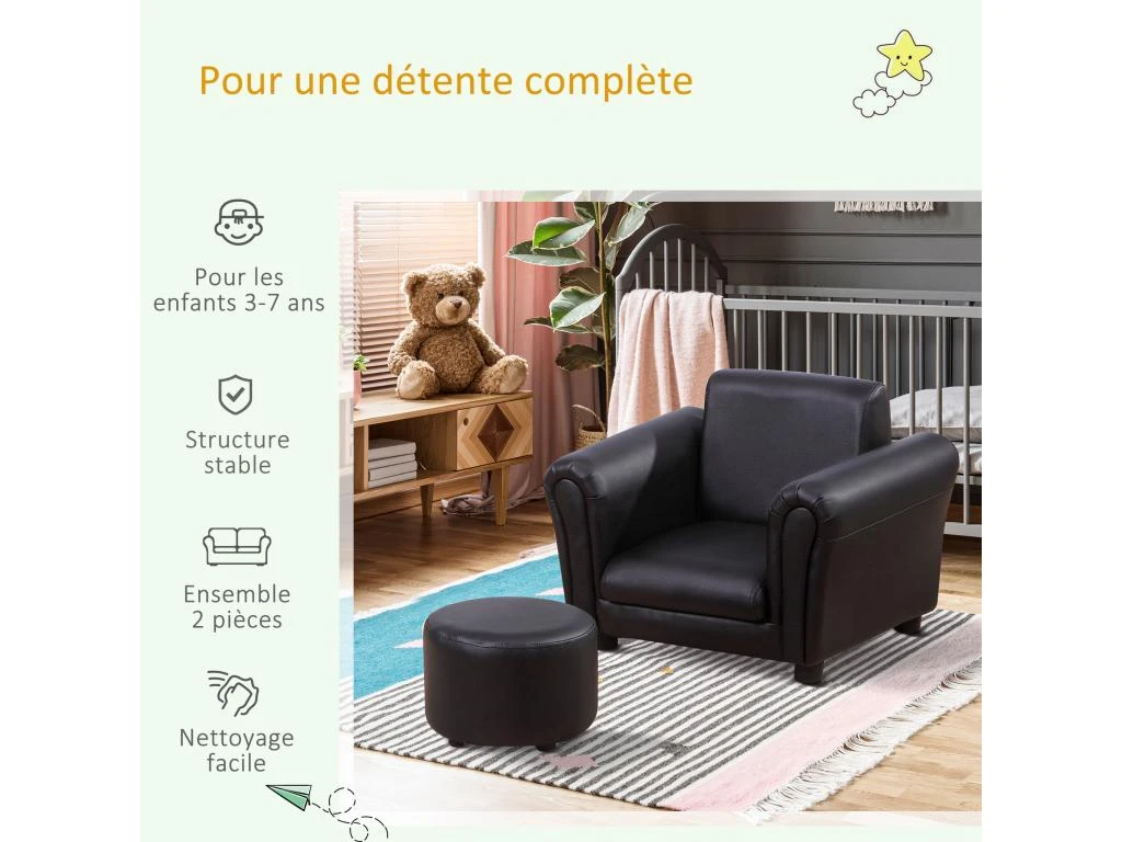 Ensemble Fauteuil Et Pouf Enfant Style Contemporain Structure Bois Revêtement Synthétique PVC Noir 6 Ensemble Fauteuil Et Pouf Enfant Style Contemporain Structure Bois Revêtement Synthétique PVC Noir – Image 4