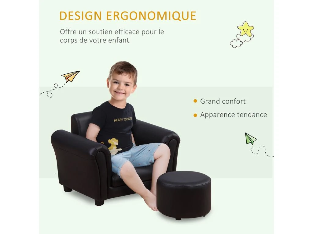 Ensemble Fauteuil Et Pouf Enfant Style Contemporain Structure Bois Revêtement Synthétique PVC Noir 7 Ensemble Fauteuil Et Pouf Enfant Style Contemporain Structure Bois Revêtement Synthétique PVC Noir – Image 5