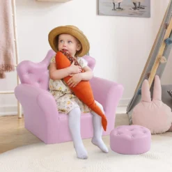 Ensemble Fauteuil Et Pouf Enfant Design Couronne De Princesse - Dossier Et Assise Pouf Avec Boutons Strass Aspect Cristaux - Structure Bois Revêtement Synthétique PVC Rose -Promos Fauteora Magasin fauteuil 14801719