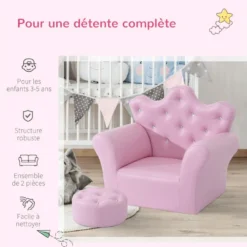 Ensemble Fauteuil Et Pouf Enfant Design Couronne De Princesse - Dossier Et Assise Pouf Avec Boutons Strass Aspect Cristaux - Structure Bois Revêtement Synthétique PVC Rose -Promos Fauteora Magasin fauteuil 14801723