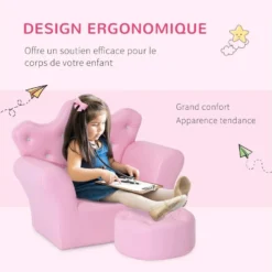 Ensemble Fauteuil Et Pouf Enfant Design Couronne De Princesse - Dossier Et Assise Pouf Avec Boutons Strass Aspect Cristaux - Structure Bois Revêtement Synthétique PVC Rose -Promos Fauteora Magasin fauteuil 14801725
