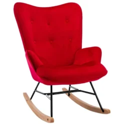 Fauteuil à Bascule Rocking Chair Bouton Décoratif En Tissu Velours Rouge Confortable Et Design FAB10075
