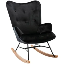 Fauteuil à Bascule Rocking Chair Bouton Décoratif En Tissu Velours Noir Confortable Et Design FAB10070