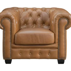 Fauteuil Chesterfield BRENTON 100% Cuir De Buffle Premium - Caramel Vintage