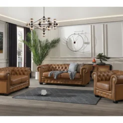 Fauteuil Chesterfield BRENTON 100% Cuir De Buffle Premium - Caramel Vintage -Promos Fauteora Magasin fauteuil 1830477