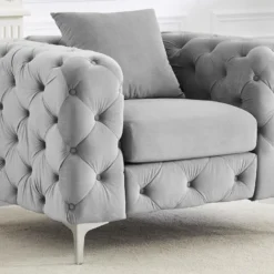 Fauteuil Chesterfield En Velours Gris Clair EDWINA -Promos Fauteora Magasin fauteuil 18364943