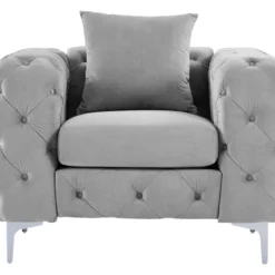 Fauteuil Chesterfield En Velours Gris Clair EDWINA -Promos Fauteora Magasin fauteuil 18364963