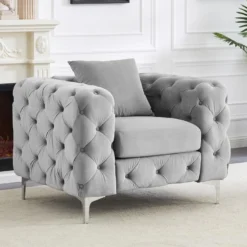 Fauteuil Chesterfield En Velours Gris Clair EDWINA