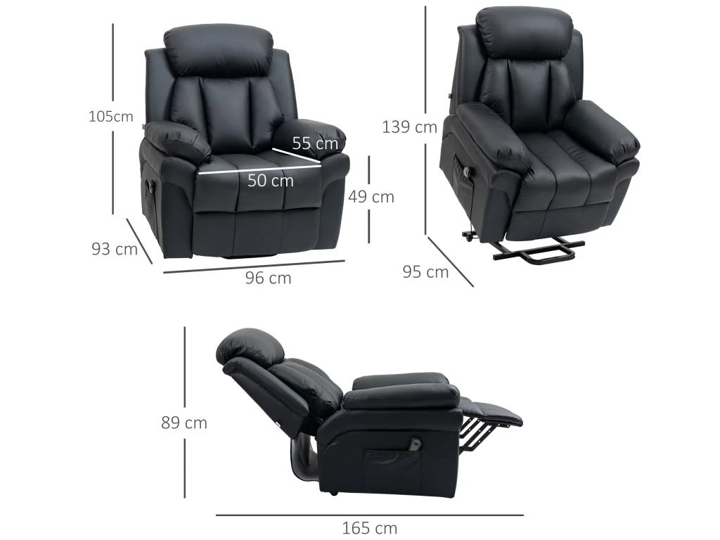 Fauteuil Releveur Inclinable Avec Repose-pied Ajustable - Fauteuil De Relaxation électrique - Revêtement Synthétique Noir 5 Fauteuil Releveur Inclinable Avec Repose-pied Ajustable - Fauteuil De Relaxation électrique - Revêtement Synthétique Noir – Image 3
