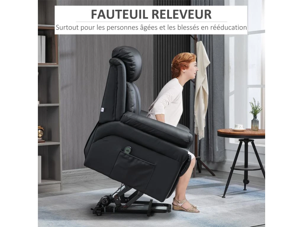 Fauteuil Releveur Inclinable Avec Repose-pied Ajustable - Fauteuil De Relaxation électrique - Revêtement Synthétique Noir 7 Fauteuil Releveur Inclinable Avec Repose-pied Ajustable - Fauteuil De Relaxation électrique - Revêtement Synthétique Noir – Image 5
