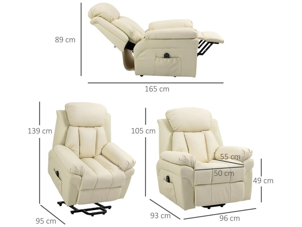 Fauteuil Releveur Inclinable Avec Repose-pied Ajustable - Fauteuil De Relaxation électrique - Revêtement Synthétique Crème 5 Fauteuil Releveur Inclinable Avec Repose-pied Ajustable - Fauteuil De Relaxation électrique - Revêtement Synthétique Crème – Image 3