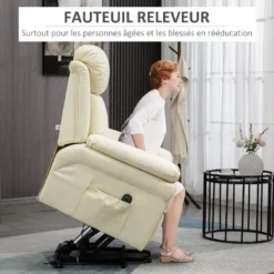 Fauteuil Releveur Inclinable Avec Repose-pied Ajustable - Fauteuil De Relaxation électrique - Revêtement Synthétique Crème 11 Fauteuil Releveur Inclinable Avec Repose-pied Ajustable - Fauteuil De Relaxation électrique - Revêtement Synthétique Crème -Promos Fauteora Magasin fauteuil 18852591