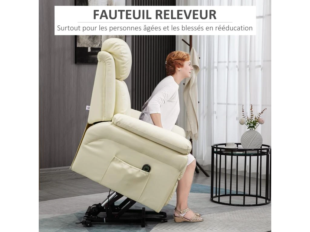 Fauteuil Releveur Inclinable Avec Repose-pied Ajustable - Fauteuil De Relaxation électrique - Revêtement Synthétique Crème 7 Fauteuil Releveur Inclinable Avec Repose-pied Ajustable - Fauteuil De Relaxation électrique - Revêtement Synthétique Crème – Image 5
