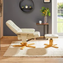 Fauteuil De Relaxation CHARLY Avec Repose-pieds Siège Pivotant Dossier Inclinable, En Synthétique Blanc Ivoire -Promos Fauteora Magasin fauteuil 19203027