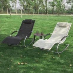 Fauteuil à Bascule Chaise Longue Transat De Jardin Avec Repose-pieds Et 1 Pochette Latérale, Bain De Soleil Rocking Chair - Crème SoBuy OGS28-MI -Promos Fauteora Magasin fauteuil 19507169