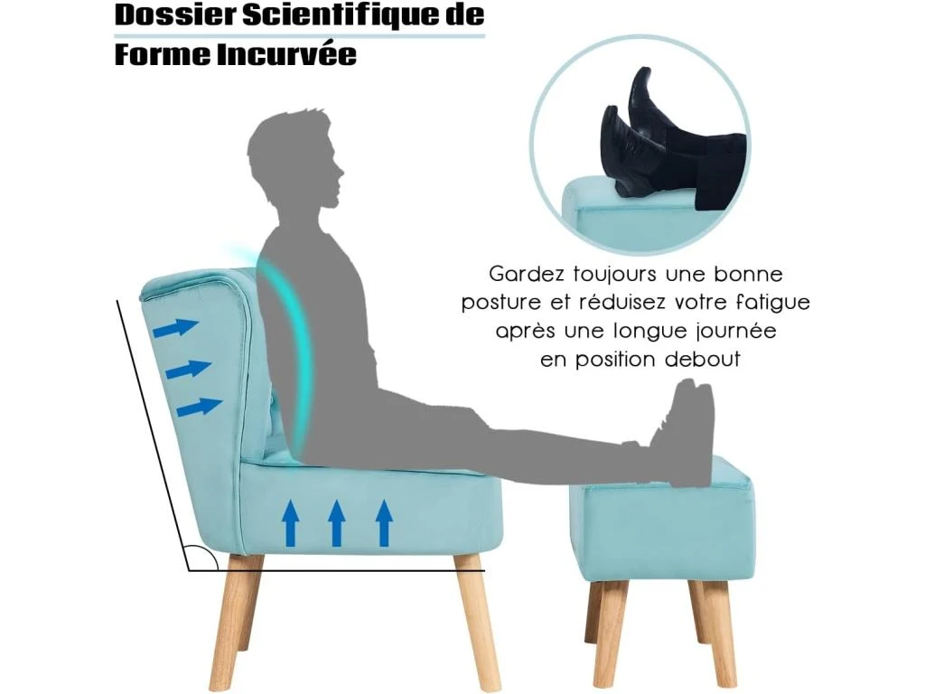 Fauteuil Velours De Salon Pieds En Bois Hévéa Avec Repose-pieds 4 Fauteuil Velours De Salon Pieds En Bois Hévéa Avec Repose-pieds – Image 2