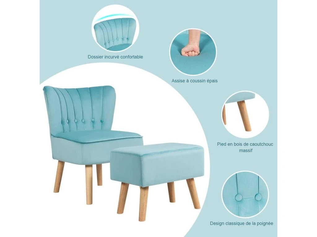 Fauteuil Velours De Salon Pieds En Bois Hévéa Avec Repose-pieds 6 Fauteuil Velours De Salon Pieds En Bois Hévéa Avec Repose-pieds – Image 4