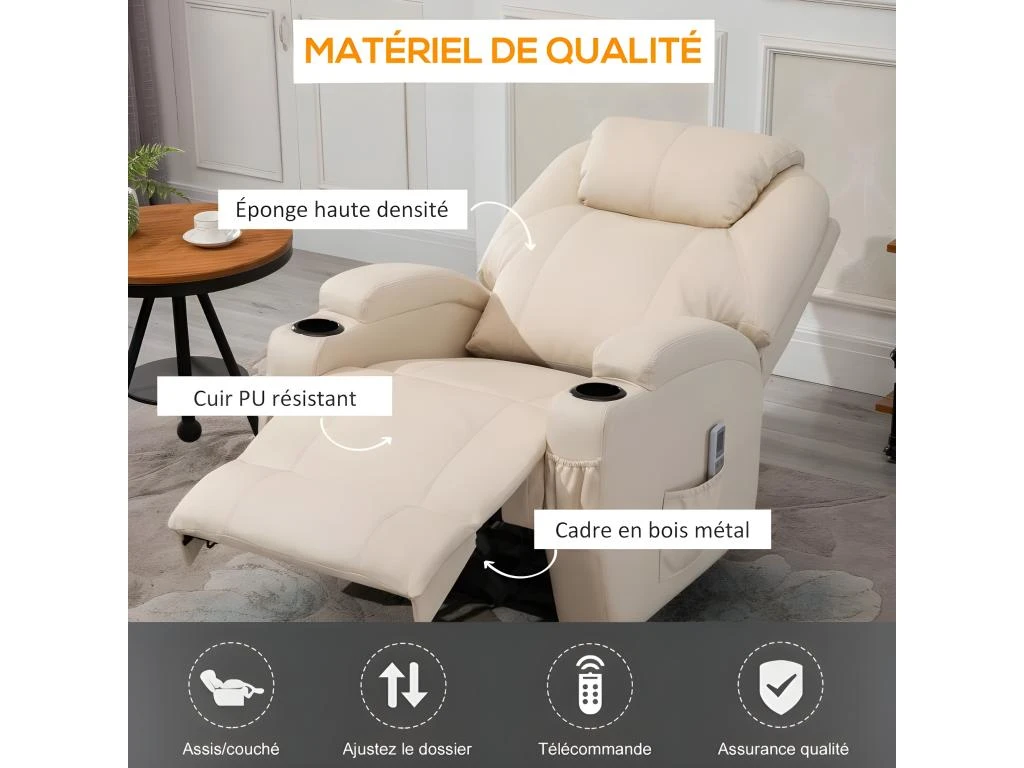 Fauteuil De Relaxation éléctrique Massant Inclinable CHARLOTTE Crème 4 Fauteuil De Relaxation éléctrique Massant Inclinable CHARLOTTE Crème – Image 2