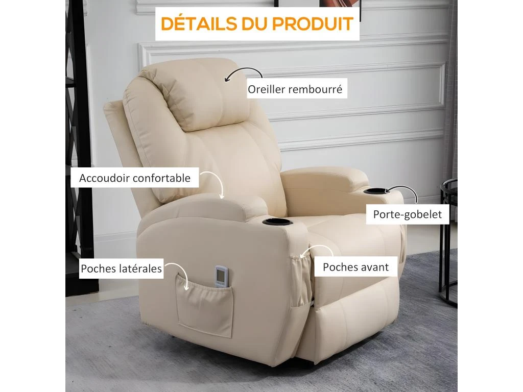 Fauteuil De Relaxation éléctrique Massant Inclinable CHARLOTTE Crème 5 Fauteuil De Relaxation éléctrique Massant Inclinable CHARLOTTE Crème – Image 3