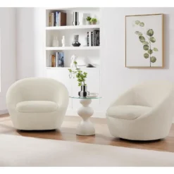 Fauteuil Pivotant Arrondi En Tissu Bouclette Blanc LACARA