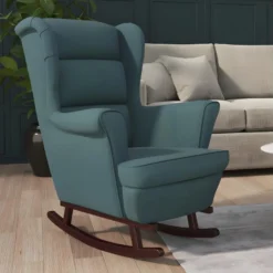 Fauteuil à Bascule Et Pieds En Bois Massif D'hévéa Bleu Velours