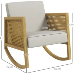 Fauteuil Lounge à Bascule Style Bohème Chic - Accoudoirs Structure Bois Hévéa Rotin - Tissu Toucher Lin Gris Clair -Promos Fauteora Magasin fauteuil 22943889