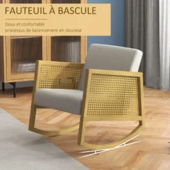 Fauteuil Lounge à Bascule Style Bohème Chic - Accoudoirs Structure Bois Hévéa Rotin - Tissu Toucher Lin Gris Clair -Promos Fauteora Magasin fauteuil 22943891